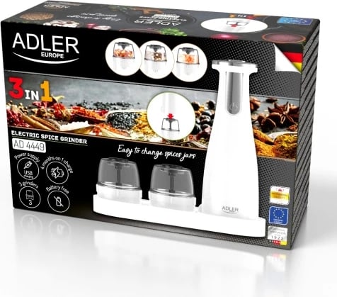 Mulli elektrik për kripë e piper, Adler AD 4449, 3 bluarsë të këmbyeshme, rregullim imtësie, 150 ml, bateri 1500mAh, USB‑C, e bardhë mat, set