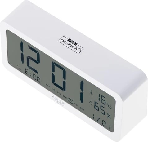 Orë alarmi, Adler, AD 1195, ekran me ndriçim, 3 alarme, shfaq kohë/datë/temperaturë/lagështi, me bateri 2xAA, bardhë