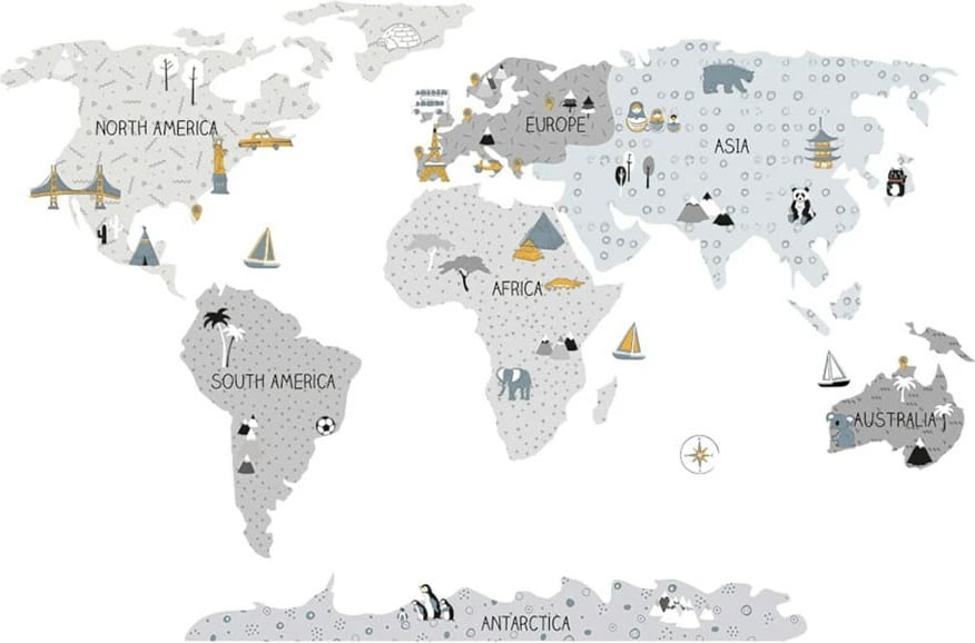 ngjitës muri, BAYO, Map M, hartë bote edukative, set i segmentuar me laminim mat, gri