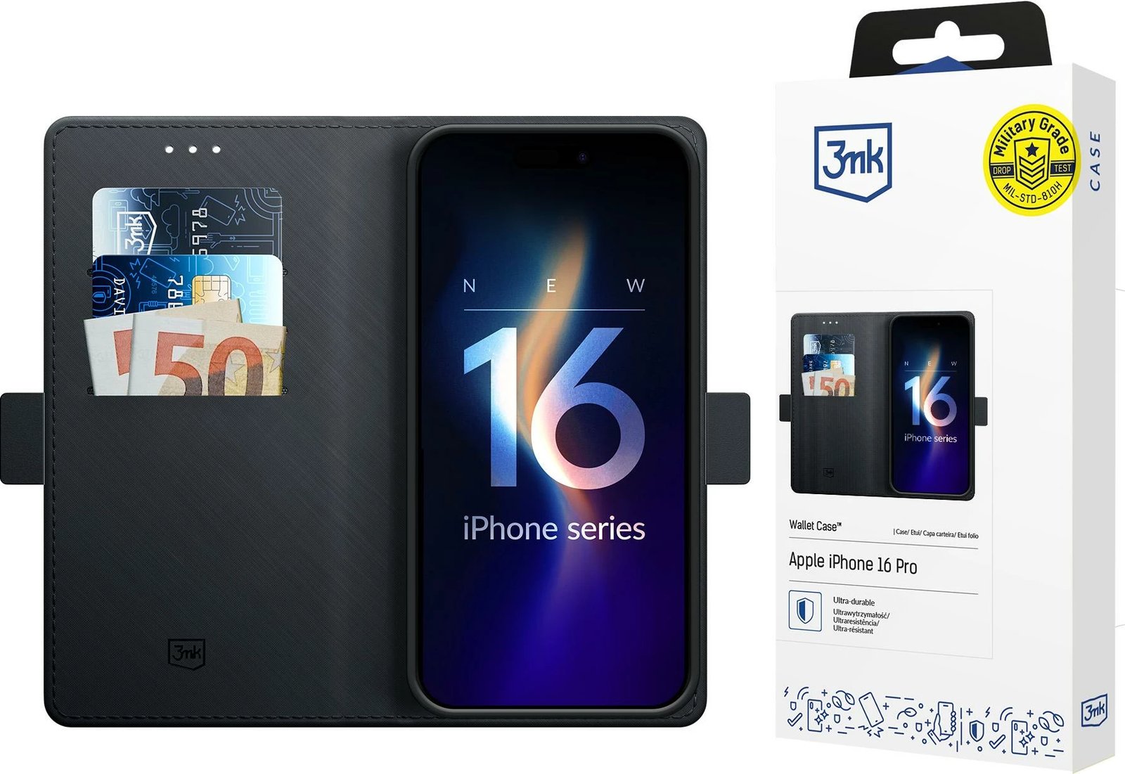 Mbështjellës 3mk Wallet Case për iPhone 16 Pro, i zi