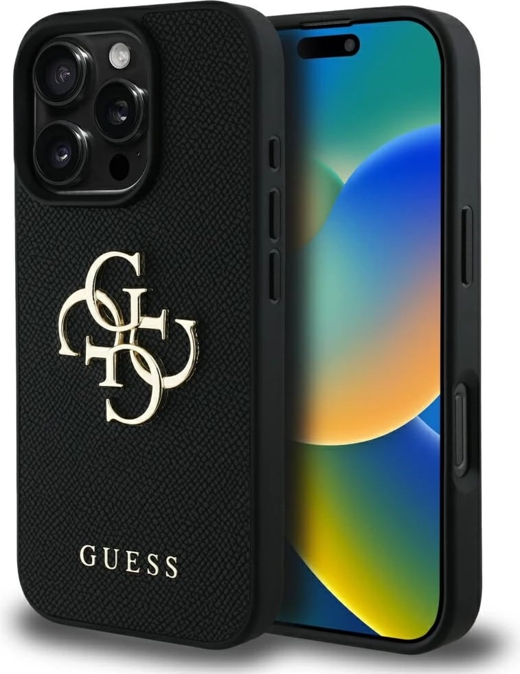 Mbështjellës Guess Grained Big 4G Logo Small Classic Logo për iPhone 16 Pro, i zi