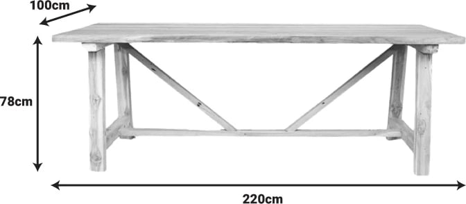 Tavolinë prej druri teak, ngjyrë natyrale, 220x100x78cm