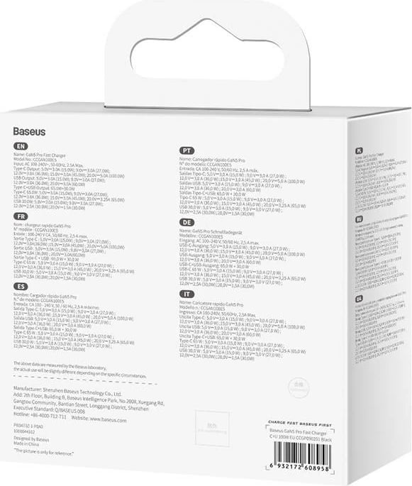 Karikues rrjeti Baseus GaN Pro Fast Charger C+U 100W me kabllo 1m, i zi