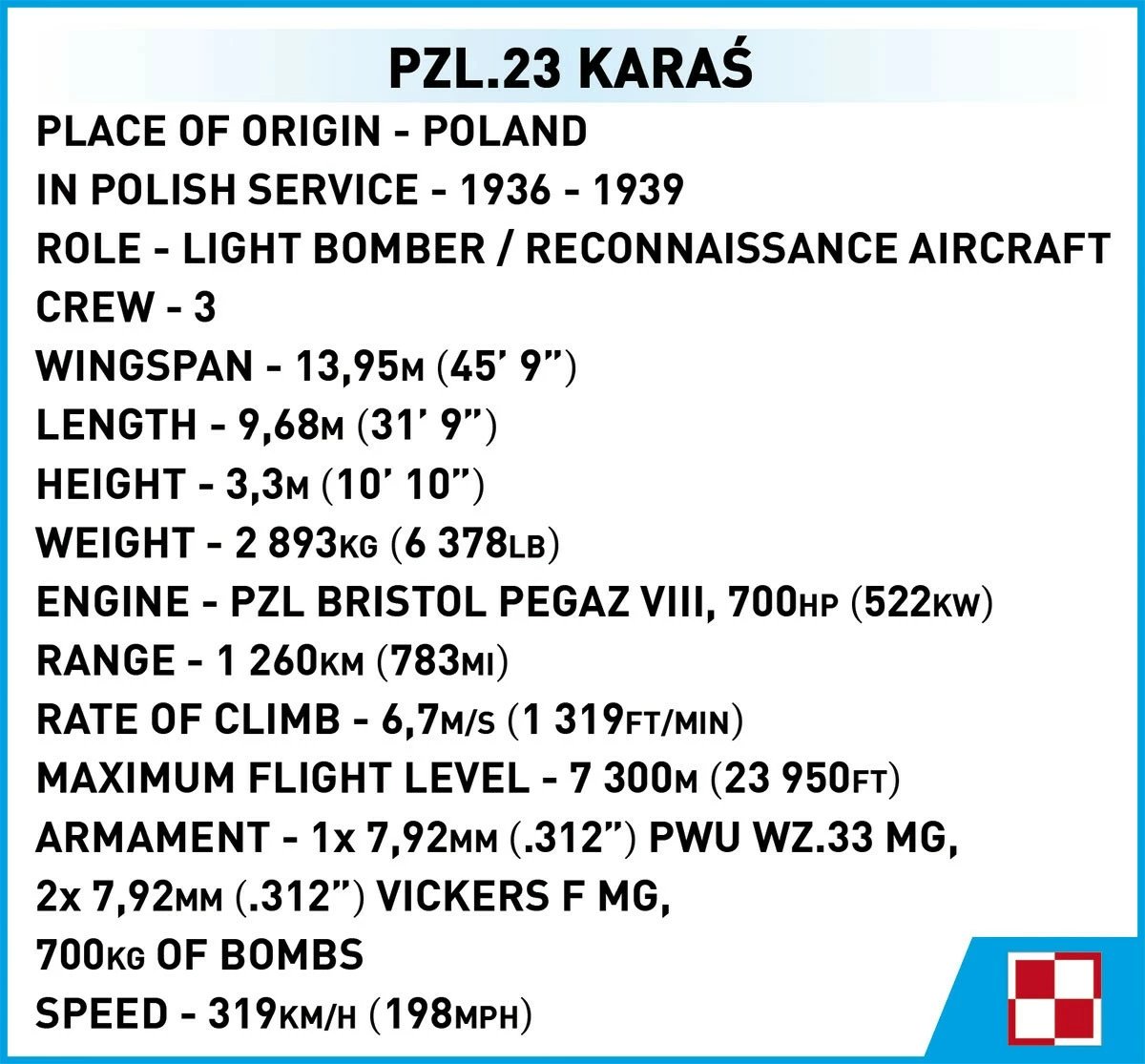 Set blloqesh Cobi PZL.23 Karaś, Historical Collection, 586 pjesë, 3 figura