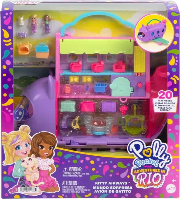 Set lodrash Polly Pocket Cat Plane me 2 figurina dhe 19 aksesorë, shumëngjyrësh