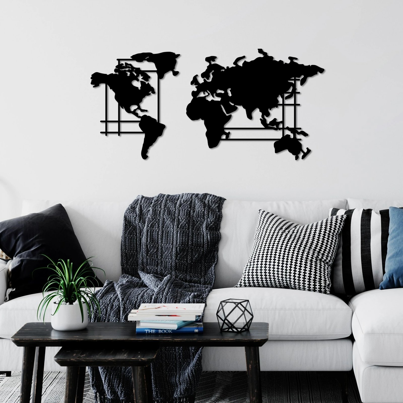 Aksesor dekorativ metalik për mur, hartë bote, Wallity, ngjyrë e zezë, madhësia M