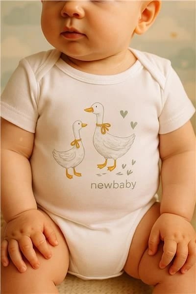 Bodi bebe me print, NEW BABY Goose, 100% pambuk, manga të shkurta, madhësia 74 (6-9m), e bardhë