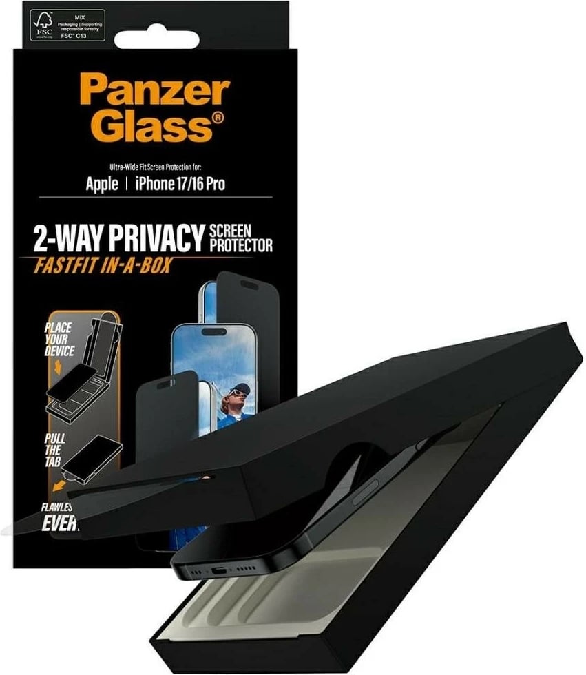 Mbështjellës xhami privatësie PanzerGlass Ultra-Wide Fit Fastfit për iPhone 16 Pro/17, zi