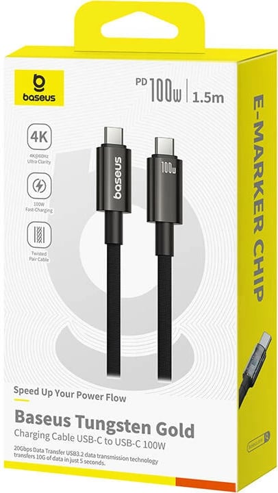 Kabllo USB-C në USB-C Baseus Tungsten Gold, 1.5m, 100W, e zezë Kabllo USB-C në USB-C Baseus Tungsten Gold, 1.5m, 100W, e zezë