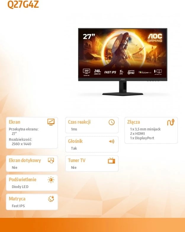 Monitor gaming AOC Q27G4ZR, 27", Fast IPS, 240Hz, QHD, i zi