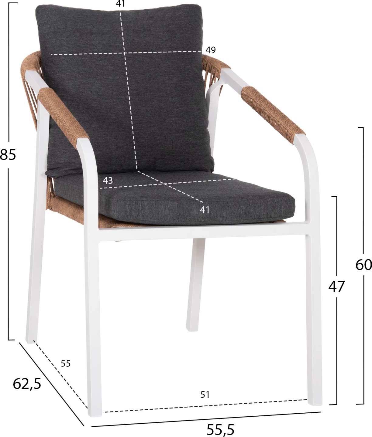 Karrige MAERLY FH6051.01 alumini e bardhë, jastëk antracit, ratan sintetik ngjyrë kafe e çelur, 55.5x62.5x85 cm