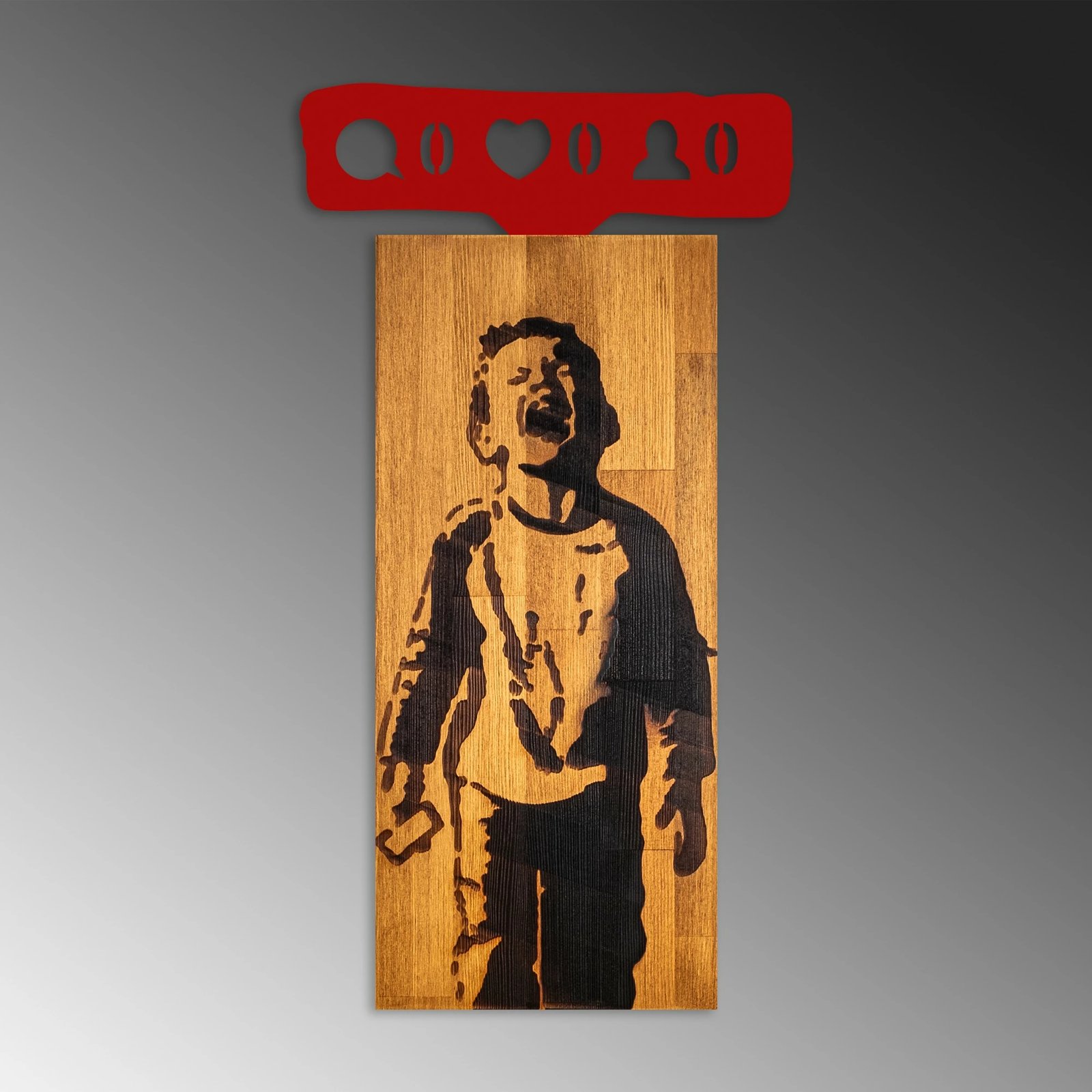 Aksesor dekorativ prej druri për mur, Banksy - Crying Boys, ngjyrë arre dhe e kuqe, 36x69x3cm