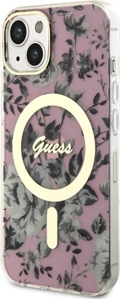 Mbështjellës Guess Flower MagSafe për iPhone 14, Rozë