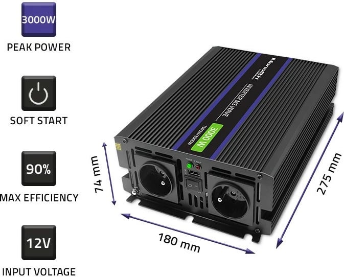Konvertues voltazhi Qoltec Monolith 3000 MS Wave, 12V në 230V, 1500/3000W, USB, Zi