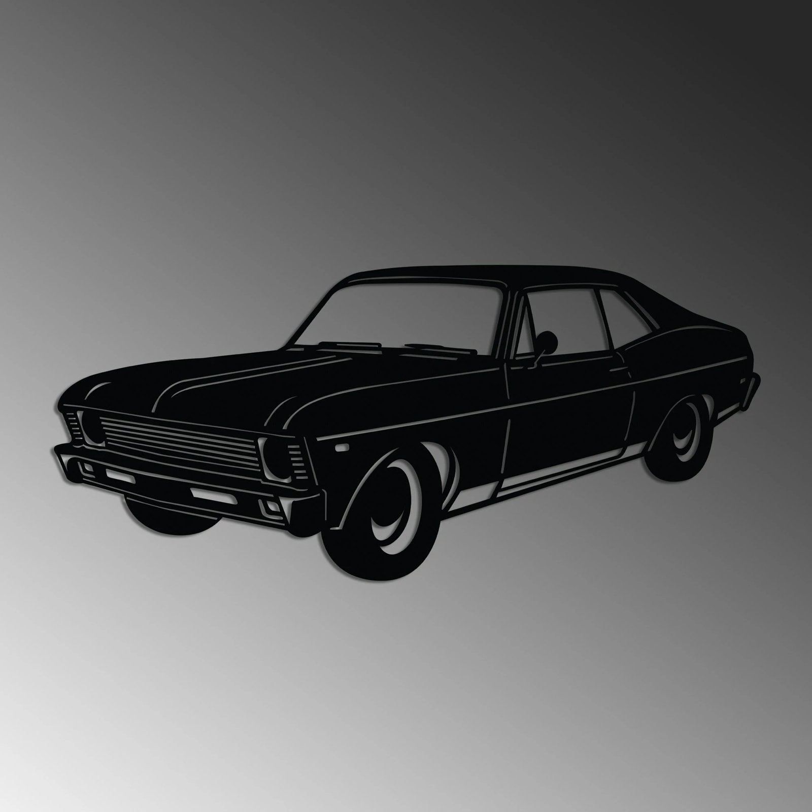Aksesor dekorativ metalik për mur, Chevrolet Nova 1972, sedan klasik, ngjyrë e zezë, 60x27cm