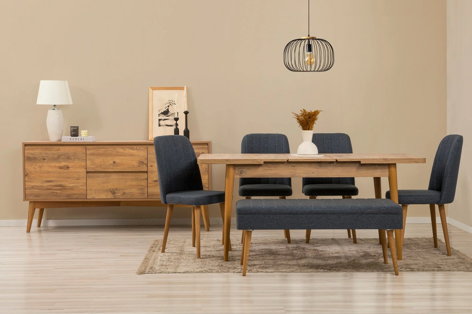 Set tavoline me karrige dhe konsol, zgjatues, 7 pjesë, Skye Decor, Vina 03 1048, ngjyrë pishë atlantike, blu e errët