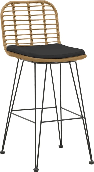 Karrige për bar, kopsht, me jastëk PE, këmbë metali, ngjyrë natyrale e zezë, 46x56x110cm