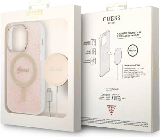 Set mbështjellës Guess GUBPP14LH4EACSP me karikues wireless për iPhone 14 Pro 6.1", rozë
