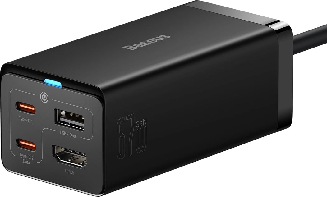 Karikues i shpejtë Baseus GaN5 Pro HUB, CCGP110201, 67W, 2x USB-C, USB-A, HDMI 4K, me kabllo USB-C 1m, i zi