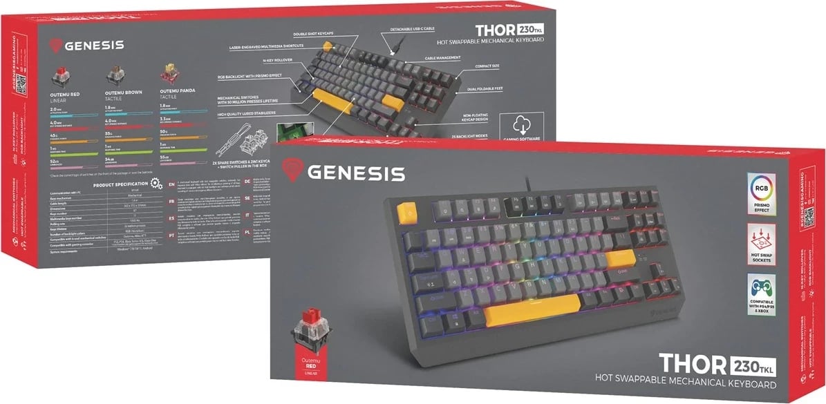 Tastierë mekanike gaming GENESIS Thor 230 TKL, Outemu Red, RGB, Wireless + Bluetooth + USB, Portokalli Tastierë mekanike gaming GENESIS Thor 230 TKL, Outemu Red, RGB, Wireless + Bluetooth + USB, Portokalli
