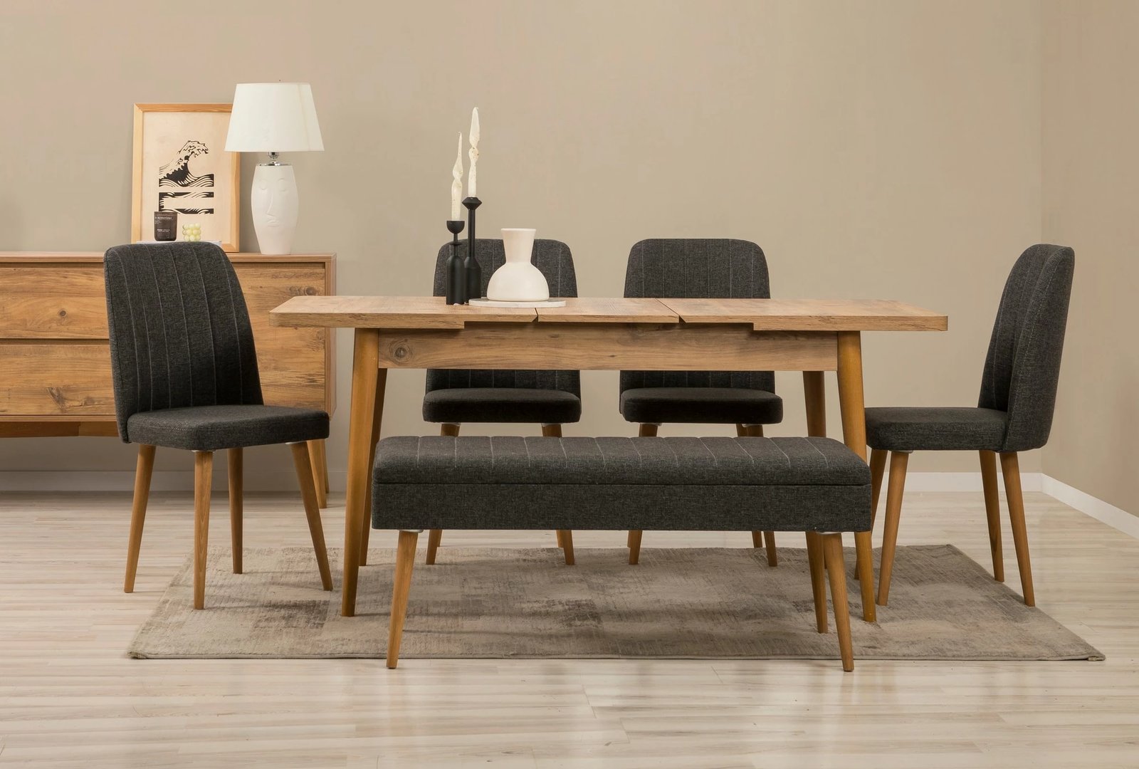 Set tavoline me karrige dhe konsolë, zgjatshme, 7 pjesë, Skye Decor, Vina 03 1053, ngjyrë Atlantic Pine dhe antracit