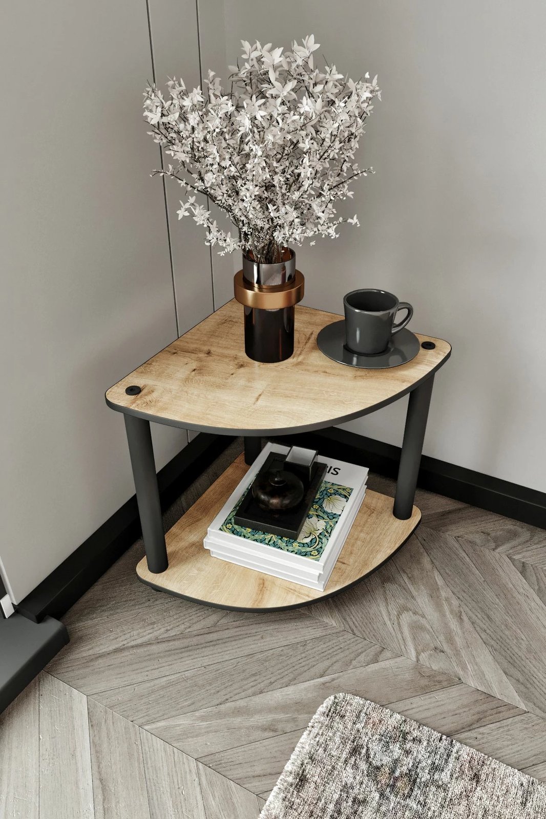 Tavolinë anësore Skye Decor, raft librash 2 nivele, këndore, ngjyrë lisi