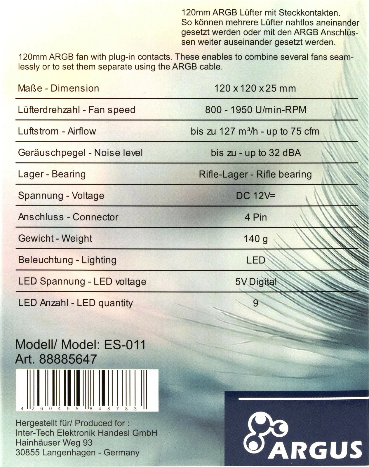 Ventilator kase Inter-Tech Argus ES-011, 12cm, LED multi, i zi