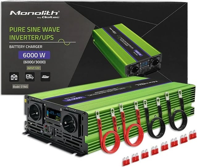 Invertor fuqie Qoltec Monolith 6000 W, 12 V në 230 V, Gjelbër