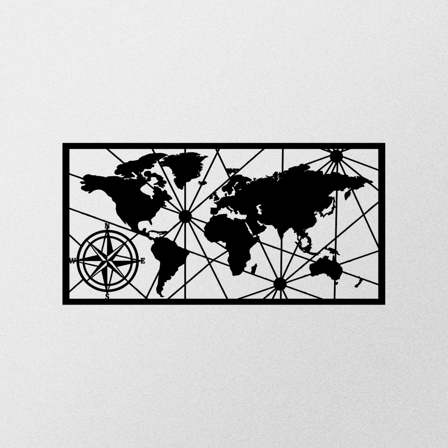 Aksesor dekorativ metalik për mur, hartë bote, ngjyrë e zezë, 100x50cm