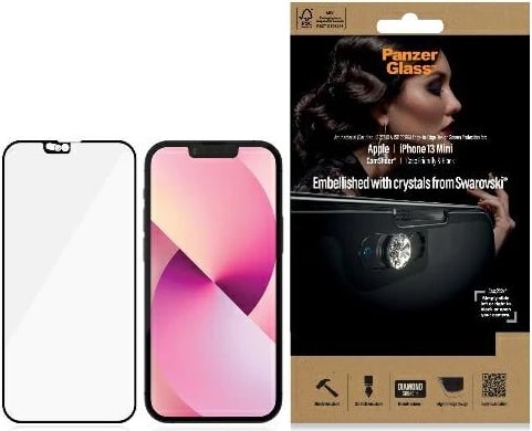 Xham mbrojtës PanzerGlass E2E Microfracture për iPhone 13 mini, me mbulesë kamere dhe kristal Swarovski, kornizë e zezë