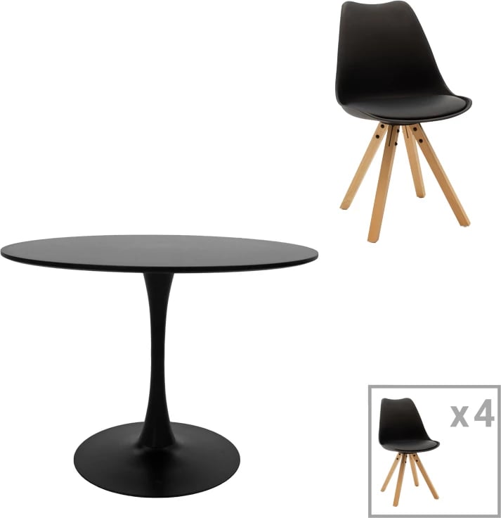 Tavolinë me karrige, ngjyrë e zezë-natyrale, Φ100x75cm, set prej 5 copash