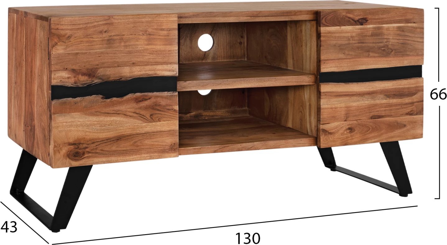 Komodë TV Alicia, dru akacie masiv, ngjyrë natyrale, këmbë metalike të zeza, 130x43x66 cm
