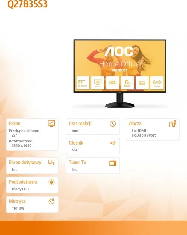 Monitor AOC Q27B35S3, 27", IPS, 120Hz, QHD, i zi Monitor AOC Q27B35S3, 27", IPS, 120Hz, QHD, i zi