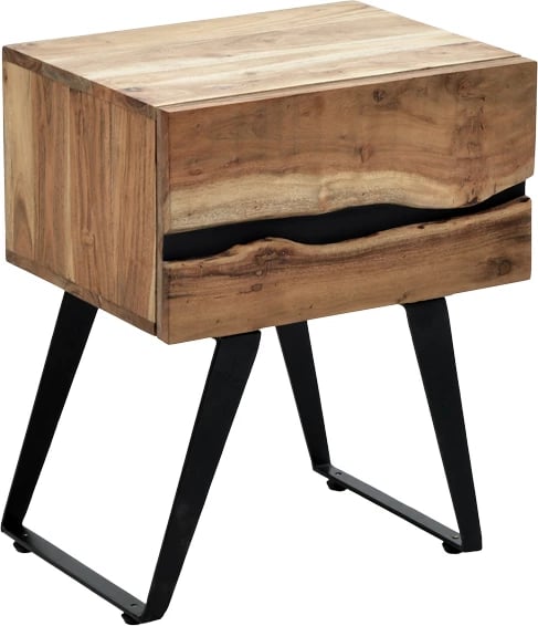 Komodinë anës krevati Imena, dru akacie natyrale, këmbë metalike të zeza, 45x35x56cm