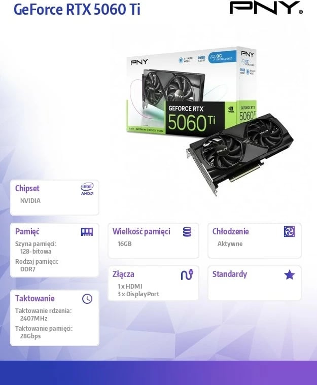 Kartelë grafike PNY GeForce RTX 5060 Ti, 16GB, DDR7, OC, PCI-E 8x, e zezë