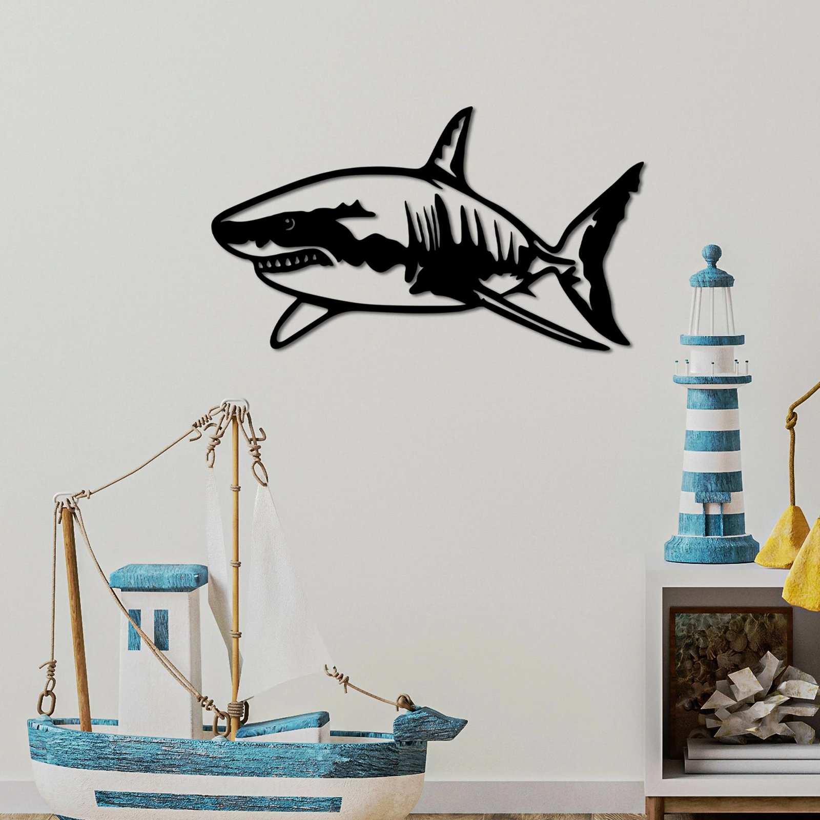 Aksesor dekorativ metalik për mur, peshkaqen, Wallity, i zi, 50x28cm