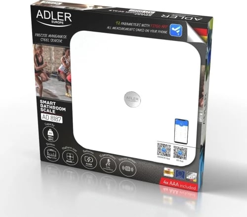 Peshore inteligjente banjoje, Adler, AD 8187, kapacitet 180 kg, ndarje 100 g, platformë xhami 28x28 cm, ekran LED, aplikacion FitGo, e bardhë Peshore inteligjente banjoje, Adler, AD 8187, kapacitet 180 kg, ndarje 100 g, platformë xhami 28x28 cm, ekran LED, aplikacion FitGo, e bardhë