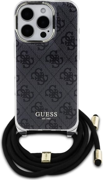 Mbështjellës Guess Crossbody Cord 4G Print për iPhone 16 Pro, i zi