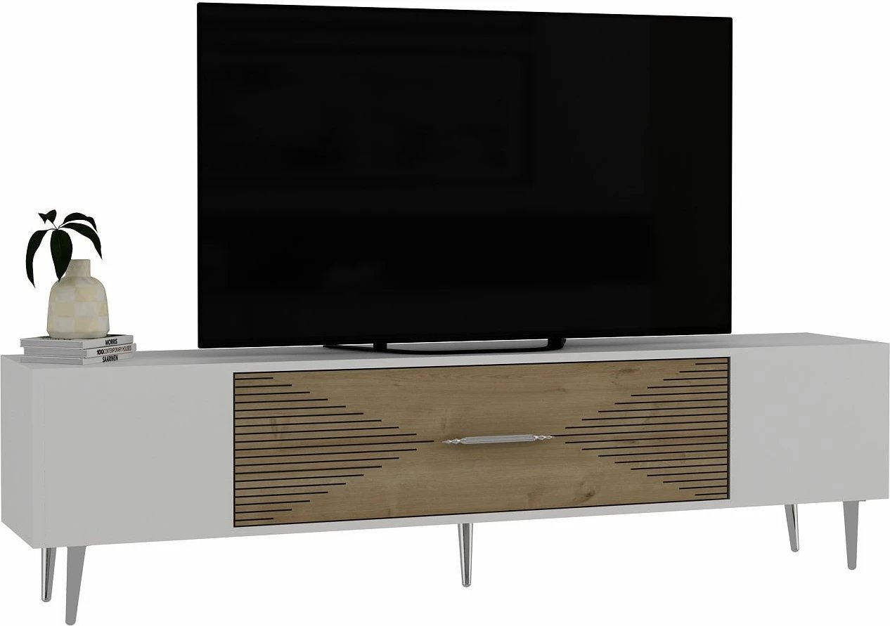 Komodë TV Skye Decor, Dekol1, e bardhë, lis safir, argjend