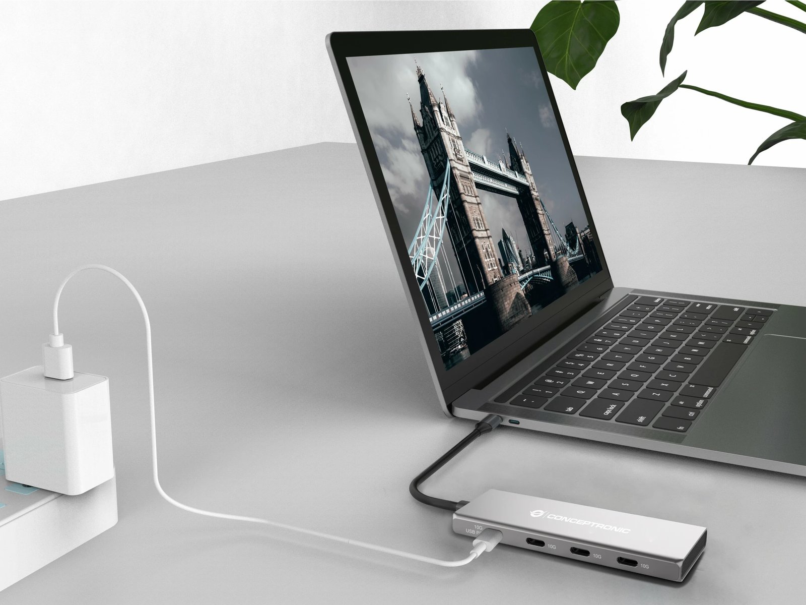 Dock USB-C Conceptronic 4-1, 3x USB-C, 100W PD, 25cm, gri