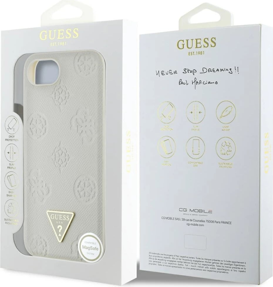 Mbështjellës Guess Grained Hot Stamp Peony Triangle Logo MagSafe për iPhone 16e, Bezhe