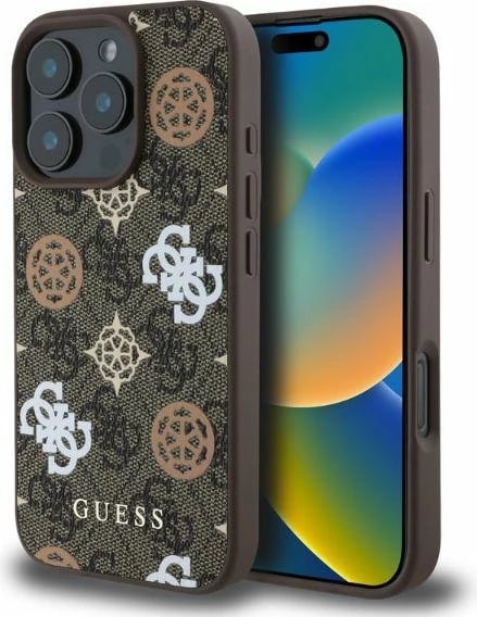 Mbështjellës Guess Peony On 4G Background MagSafe për iPhone 16 Pro, Kafe