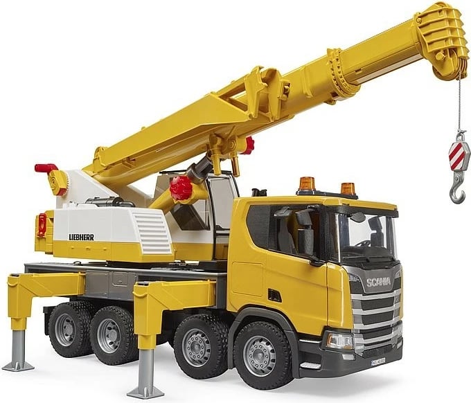 Kamion lodër BRUDER Scania Super 560R me vinç Liebherr, dritë dhe zë, bardhë/verdhe, 1:16