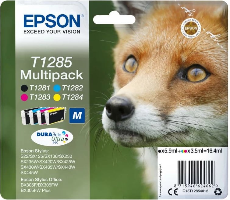 Fishekë boje multipak, Epson, T1285 Multipack C13T12854012, DURABrite Ultra, paketë 4 ngjyra (e zezë, cian, magenta, e verdhë)