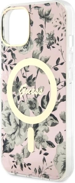 Mbështjellës Guess Flower MagSafe për iPhone 14, Rozë