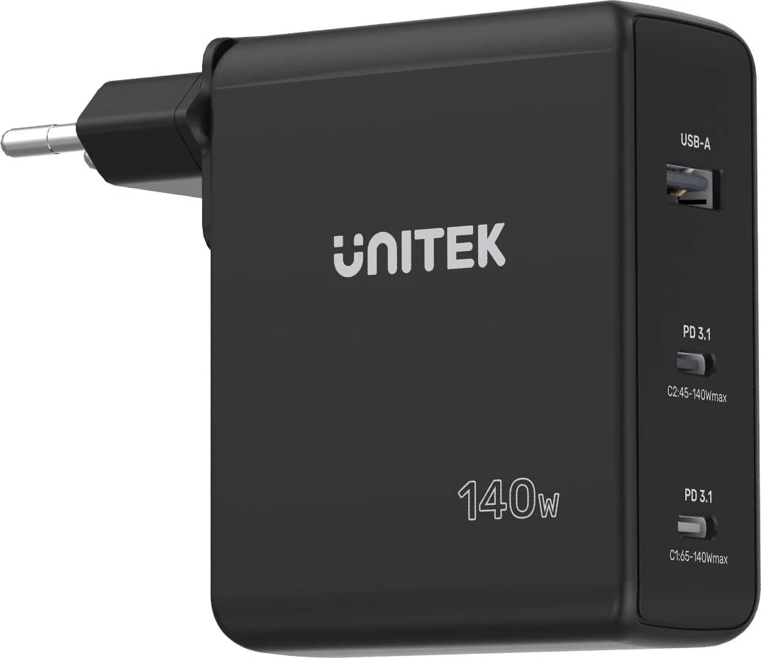 Karikues Unitek GaN me 3 porta, 140W, ngjyrë e zezë
