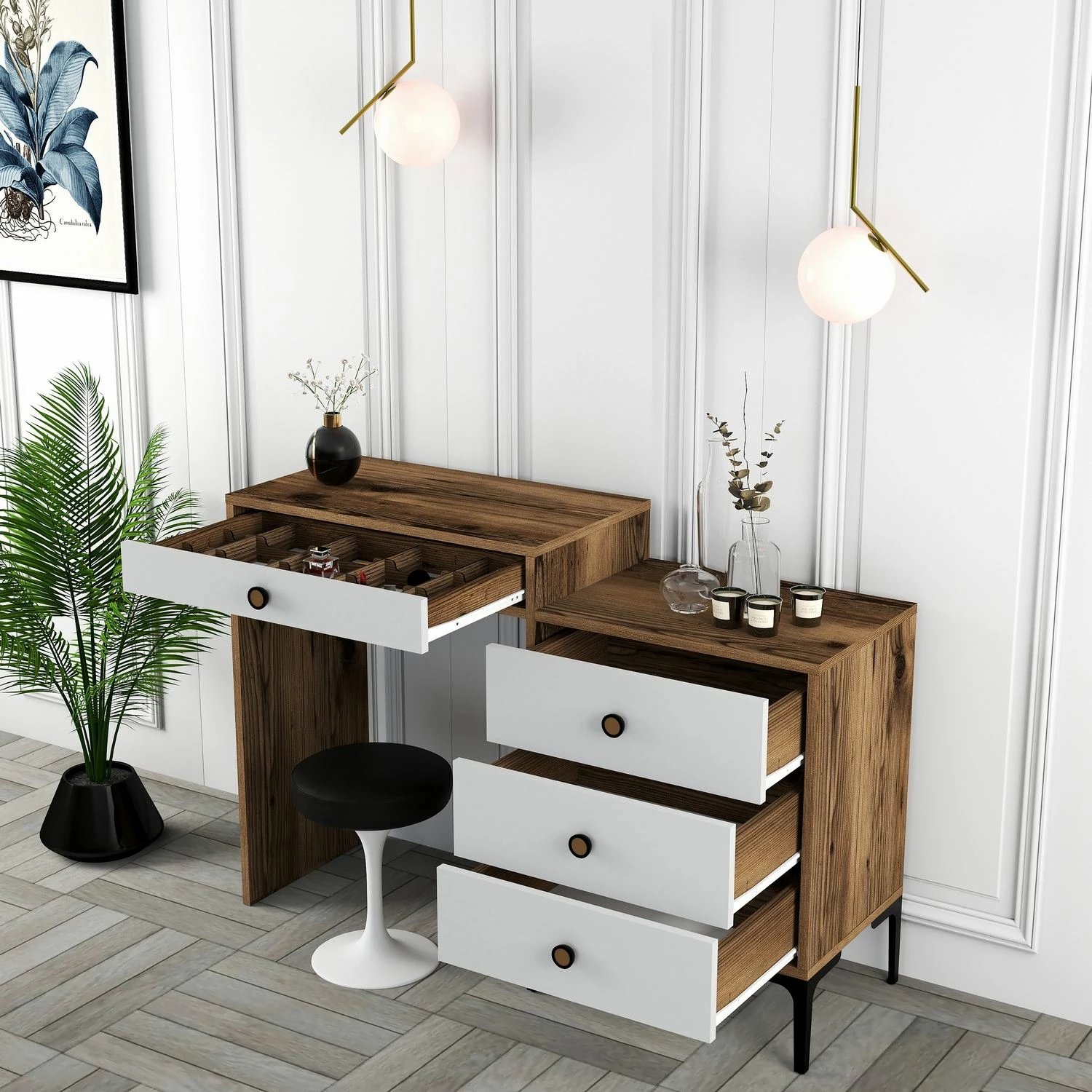 Tavolinë grimi Hanah Home, Lizbon 551, ngjyrë arre dhe e bardhë