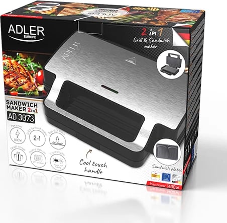 Toster sanduiçash 2-në-1, Adler AD 3073, pllaka të këmbyeshme sanduiçi dhe grill, shtresë jo-ngjitëse, 1000–1400W, i zi