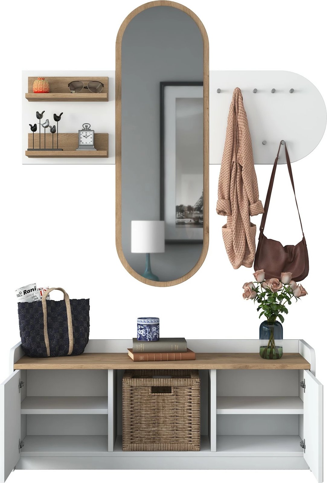 Stendë për korridor, ngjyrë e bardhë dhe arre, EE101-1983