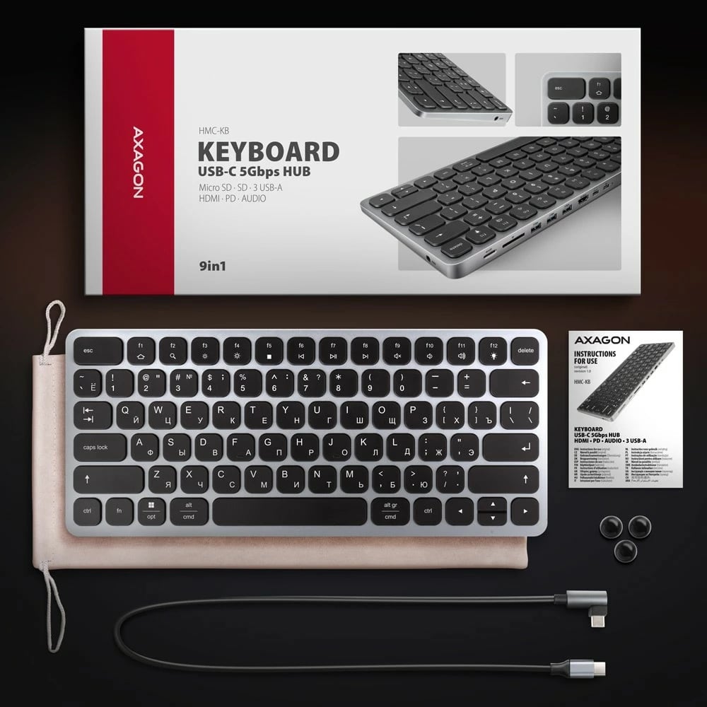 Tastierë AXAGON HMC-KB-CRL me hub USB-C 9-në-1, layout cirilik, 60cm, Gri Tastierë AXAGON HMC-KB-CRL me hub USB-C 9-në-1, layout cirilik, 60cm, Gri